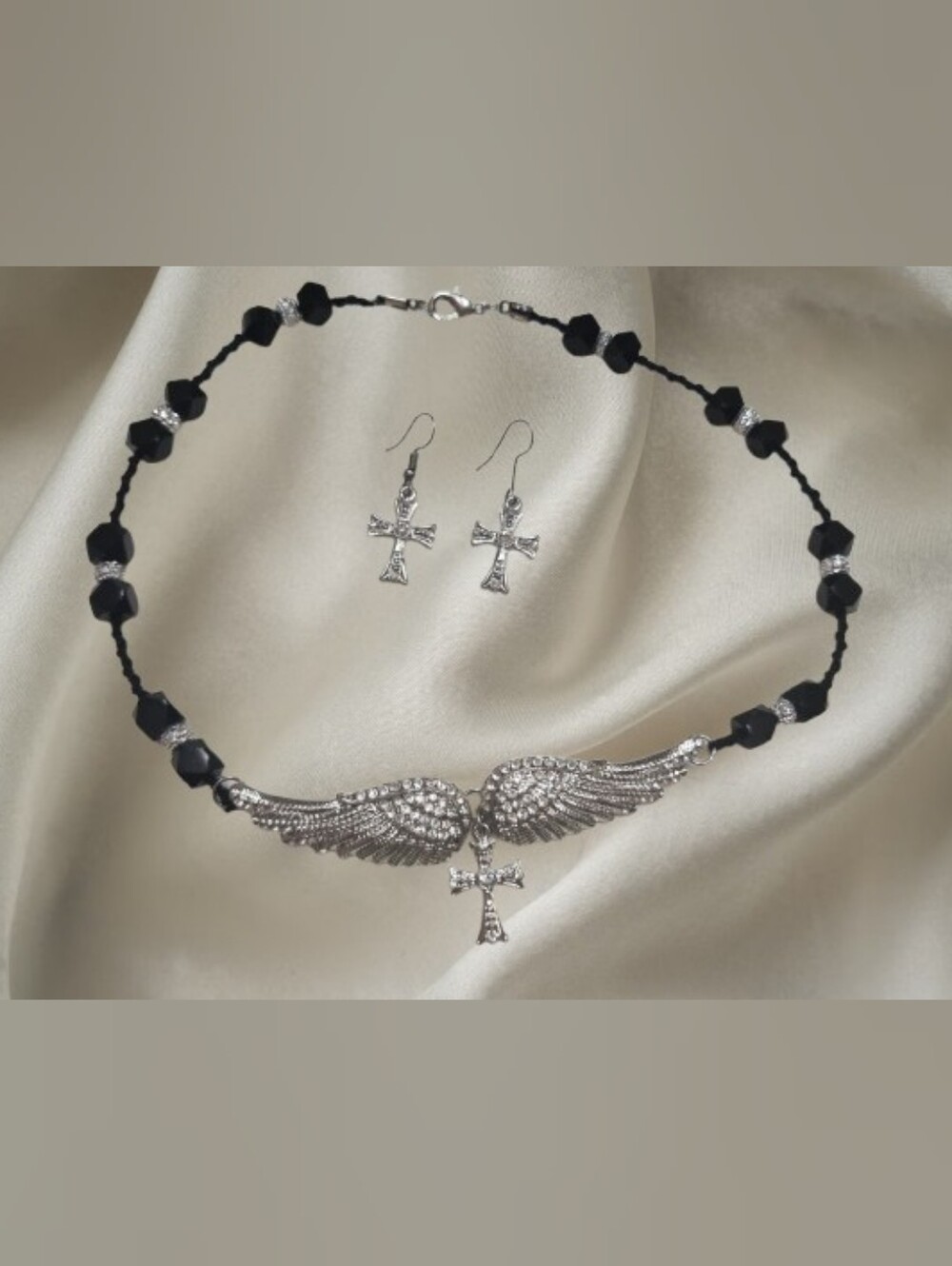 "Black Bling" Angel Wing & Cross Matching Jewelry Set